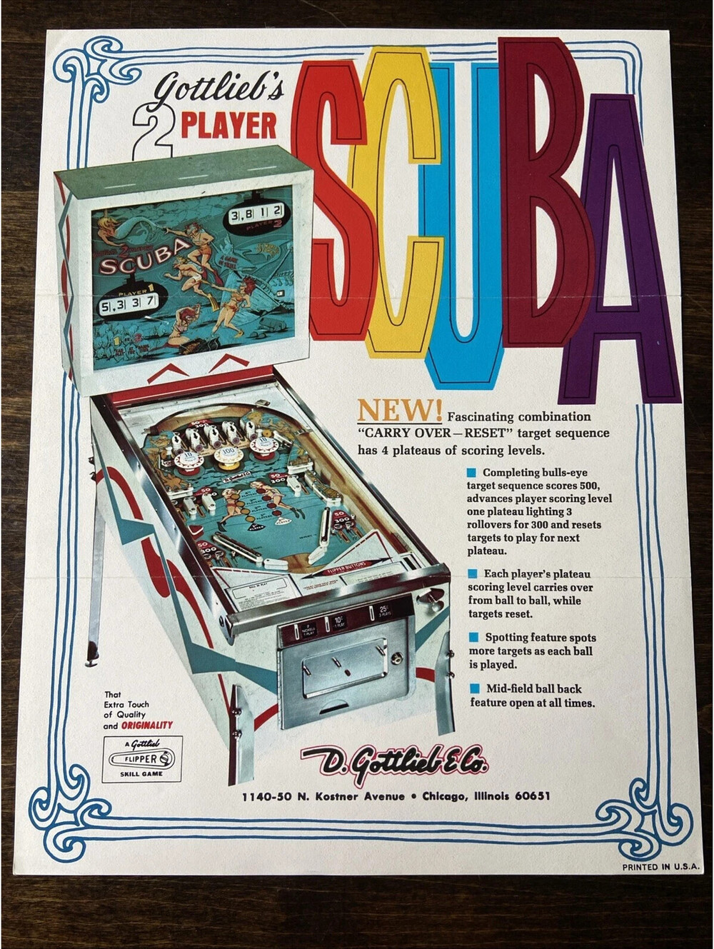 Gottlieb Scuba Pinball Machine FLYER Original 1970 Ad Promo Insert